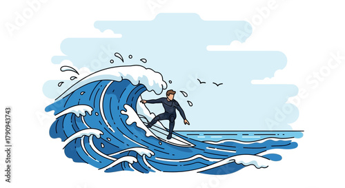 Thrilling Moment Of A Surfer Riding A Powerful Ocean Wave During A Sunny Day