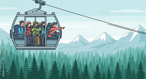 Tourists Enjoying Gondola Ride Over Forest and Mountains During Their Adventure