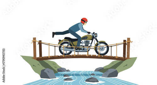 Thrilling Motorcycle Ride Across A Wooden Bridge Amidst Stunning Natural Scenery