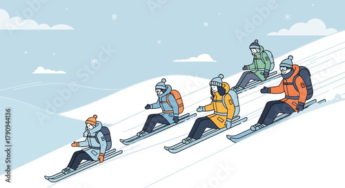 Thrilling Skiers Adventuring Downhill in Snowy Mountainous Terrain During Winter Season