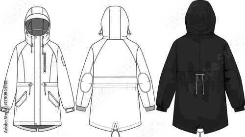 Technical Flat Sketch of Hooded Short Parka Winter Jacket