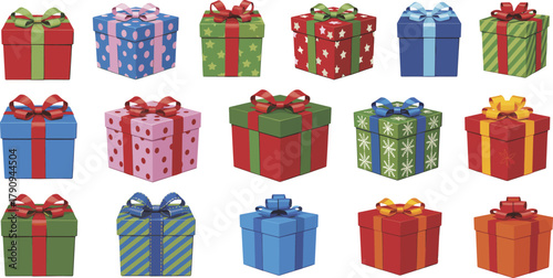 Colorful Christmas gift boxes set, festive wrapped presents with bows and ribbons, decorative holiday packaging icons, seamless vector for seasonal design​