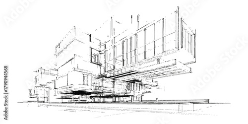 Architectural blueprint sketch of a modern building design concept on white