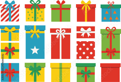 Colorful Christmas gift boxes collection, flat vector presents with ribbons and bows, festive holiday packaging icons, playful seamless set for seasonal design