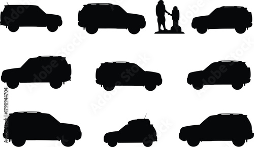 SUV car silhouette collection, off-road vehicle vector set, family travel illustration, transportation design graphic art