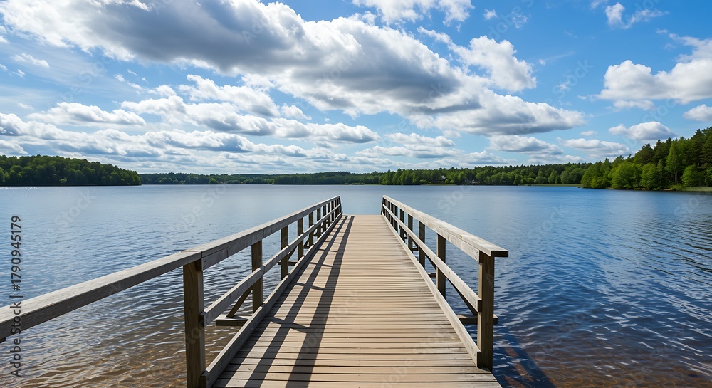 Obraz premium Wooden dock leading onto a tranquil lake under a cloudy blue sky