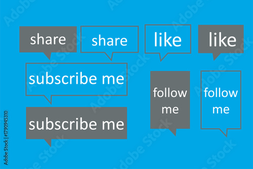 Social media engagement icons promoting sharing liking subscribing and following on a blue background