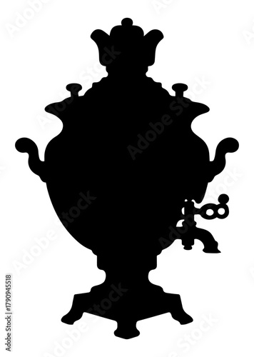 Black and white illustration of the silhouette of an antique samovar on a white isolated background. Vector graphics. EPS.