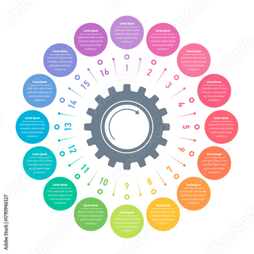 Infographic template for industry, education, science, business, technology. Sixteen step informational template with colorful industry gears. Infographic template for catalog, annual report, magazine