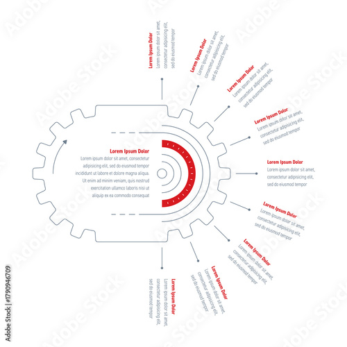Infographic template for industry, business, education, science, and technology. Nine-step informational template with industry gears. Infographic template for magazine, annual report, catalog