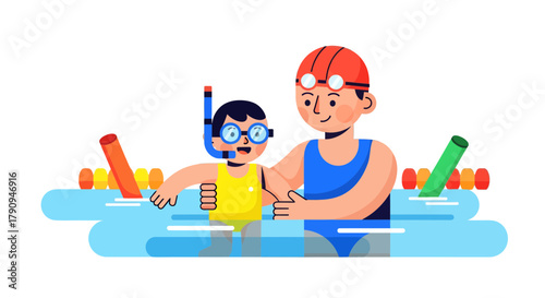 Swimming Instructor Assisting Young Child With Snorkel Gear During Water Aerobics Lesson