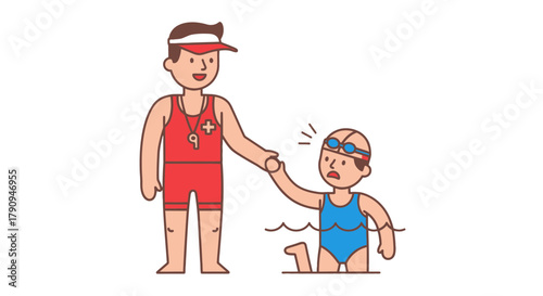 Swimming Lifeguard Helping A Swimmer In Distress With Rescue Actions Illustrated