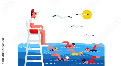 Swimming Lifeguard Overseeing Swimmers in the Pool Under the Summer Sun in the Sky