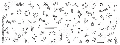 Line arrow, star, heart cute icon elements. Hand drawn sketch heart, arrow, star, flower decoration symbols. Simple sketch line style emphasis, attention, graphic elements. Vector illustration