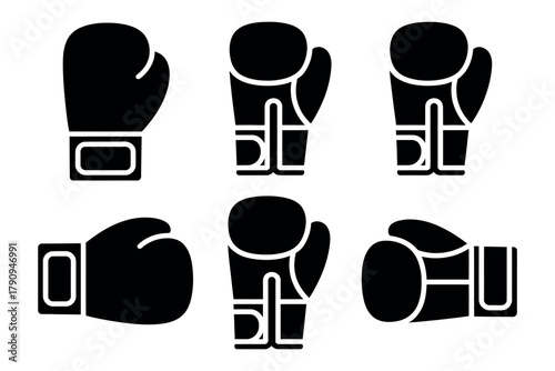 A collection of six black boxing gloves displayed from different angles on a white background.