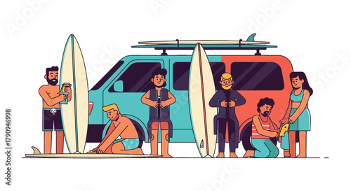 Surfing Group Preparing Together to Hit the Waves on Sunny Beach Days Adventure