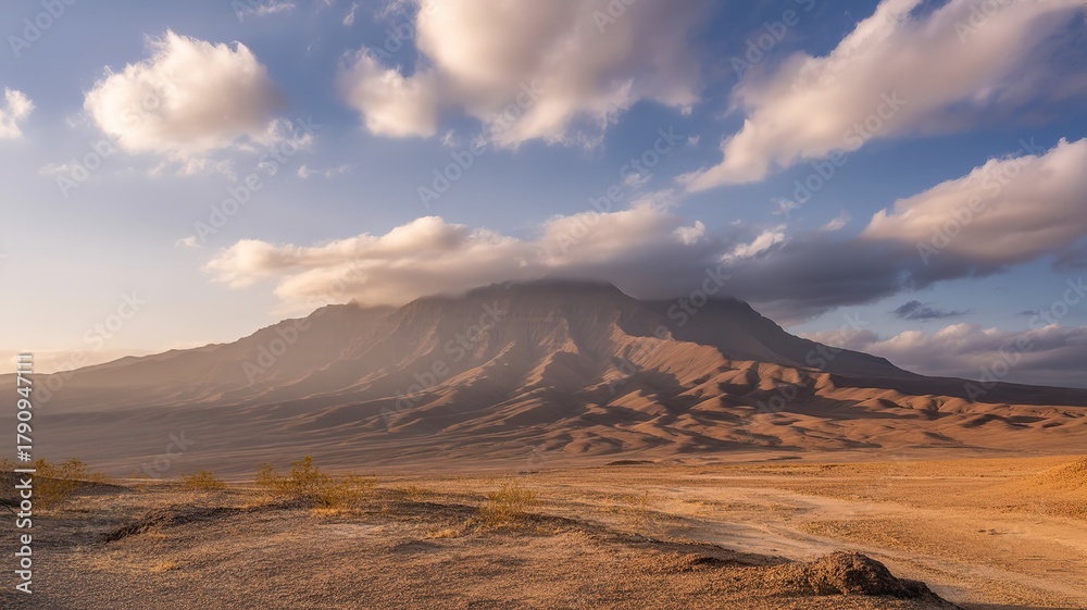 Fototapeta premium Majestic mountain peak emerging from dramatic clouds at sunset
