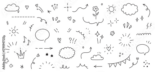 Decorative doodles sketch scribble hand drawn handmade pencil pen marker set vector graphic design illustration art for business infographic journal set pointing arrow speech bubble line outline shape