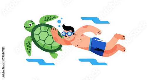 Swimming Adventure: Animated Man Swimming With Friendly Sea Turtle Illustration