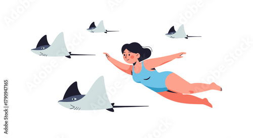 Swimming Amidst Graceful Rays: A Woman's Underwater Adventure and Ethereal Experience