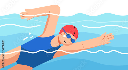 Swimming Stroke In Blue Water, Sport Illustration Of Active Lifestyle And Healthy Habits