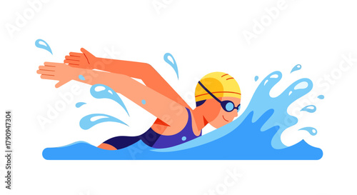 Swimming Athlete Effortlessly Gliding Through Waters, Creating Dynamic Water Splashes