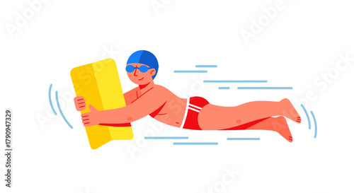 Swimming With A Kickboard Exercise Illustration In Vibrant Graphic Style On A Dynamic Background