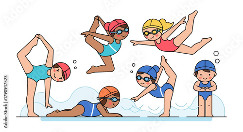 Synchronized Swimmers Performing Artistic Poses Amidst Water And Black Backdrop Graphic