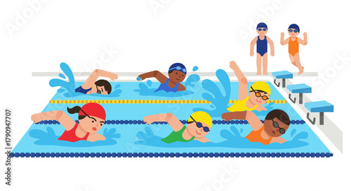 Swimming Athletes Compete In A Pool During A Sports Competition Cartoon Illustration