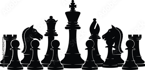 Classic chess piece silhouette collection, strategic board game design, black vector icons of king, queen, rook, bishop, knight, and pawn illustration