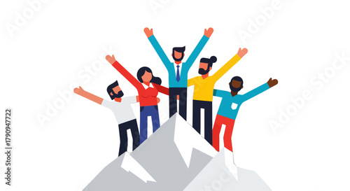 Team Of People Reaching The Summit, Celebrating Success, Against Black Backdrop