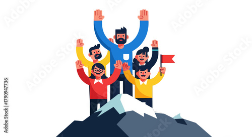 Team Of Winners Celebrating An Achievement On Top Of A Mountain With A Victory Flag