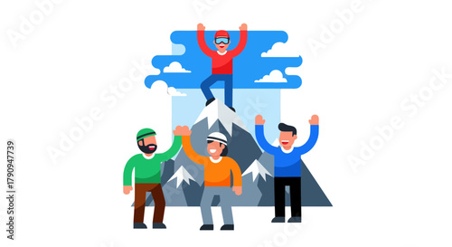 Teamwork Achievement: Celebrating Success Upon Reaching The Peak of Mountain