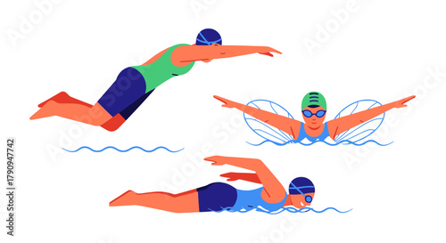 Swimming Athletes Executing Different Strokes in a Minimalist Vector Illustration