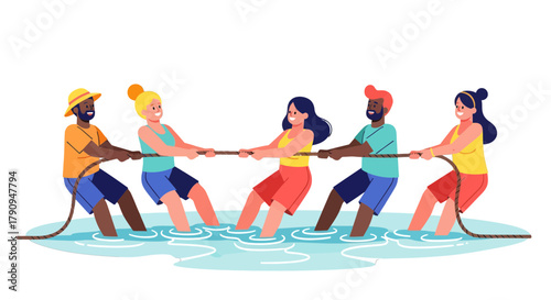 Teamwork And Community Efforts During A Tug-of-War Competition In Water