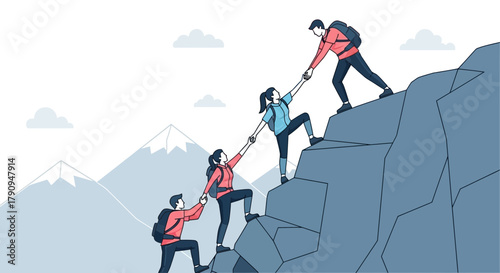 Teamwork And Support Ascending A Mountain, Illustration Depicting Mutual Reliance