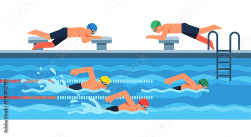 Swimming Competition: Illustrative Depiction of Athletes Executing Strokes and Racing in the Pool