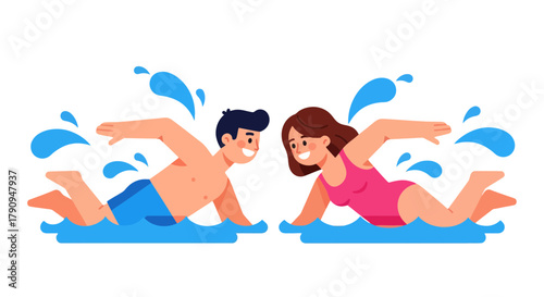 Swimming Couple Illustration Depicting Aquatic Exercise and Water Activity on Black Background