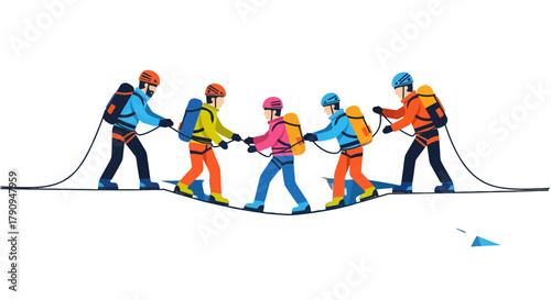 Teamwork And Support Demonstrated By Climbers Crossing Challenging Terrain With Ropes For Assistance