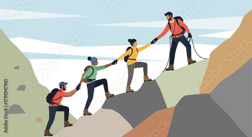 Teamwork And Support Demonstrated During A Challenging Mountain Climbing Adventure