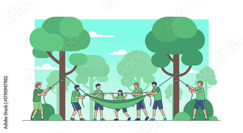 Teamwork And Support Demonstrated by Group Setting Up A Hammock For Outdoor Enjoyment