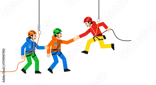 Teamwork And Support Demonstrated During A Climbing Adventure With Colorful Illustrations