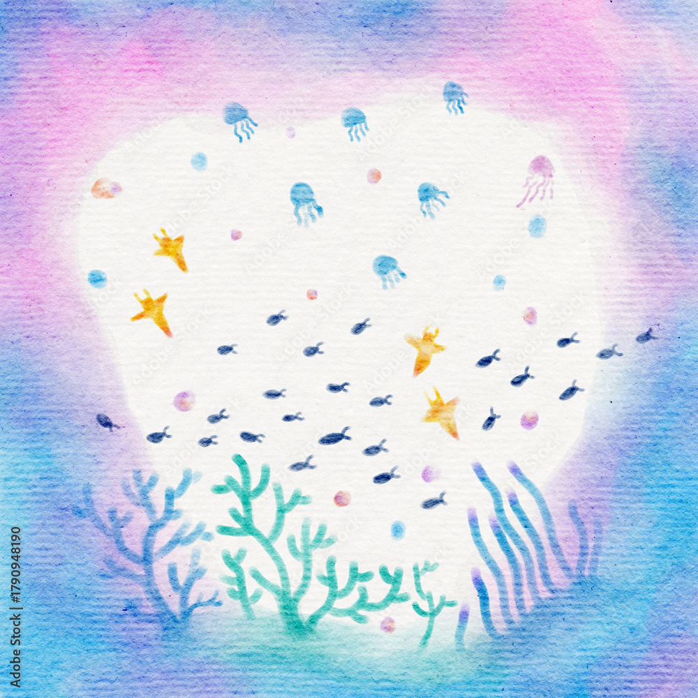 Obraz premium Undersea photoframe watercolor painting with high-quality paper texture.