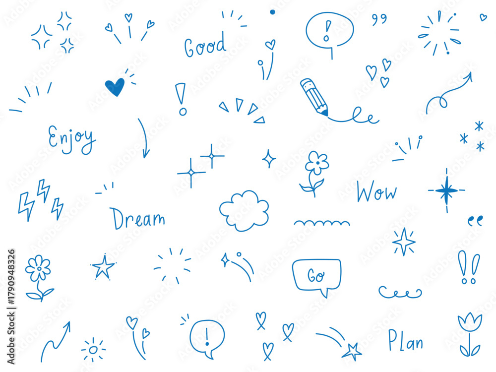 Obraz premium Cute hand drawn line icons of arrows stars and hearts A collection of charming, hand-drawn line art icons featuring arrows, stars, and hearts, perfect for adding a playful touch to designs