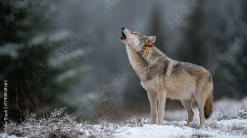 Majestic gray wolf with brown and gray fur howling with head raised up standing on snowy ground in winter forest during snowfall, blurred background.