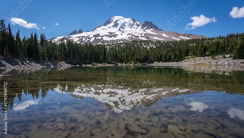Majestic snow capped mountain reflected in a clear tranquil lake surrounded by lush green pine trees under a bright blue sky with fluffy white clouds