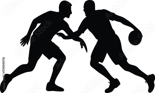 Basketball Defense Dribble Silhouette Vector Logo, Intense One-on-One Action Icon, Court Duel Graphic, Black Art