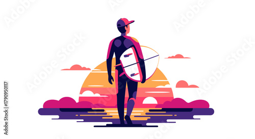 Surfer Contemplating The Horizon, Silhouette Against Sunset, Ready For The Waves