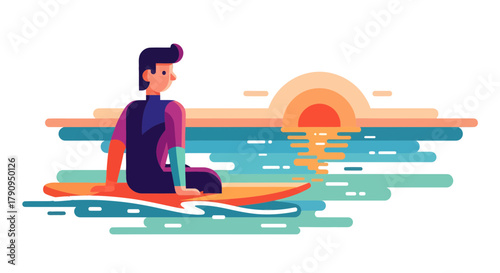 Surfer Contemplating Sunset: Coastal Charm and Serene Embrace of the Ocean, Vector Art