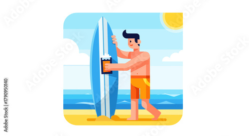Surfer Dude Holding Beer And Surfboard Relaxing On The Pristine Beach Paradise